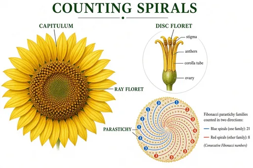 Sunflower phyllotaxis — wide edition