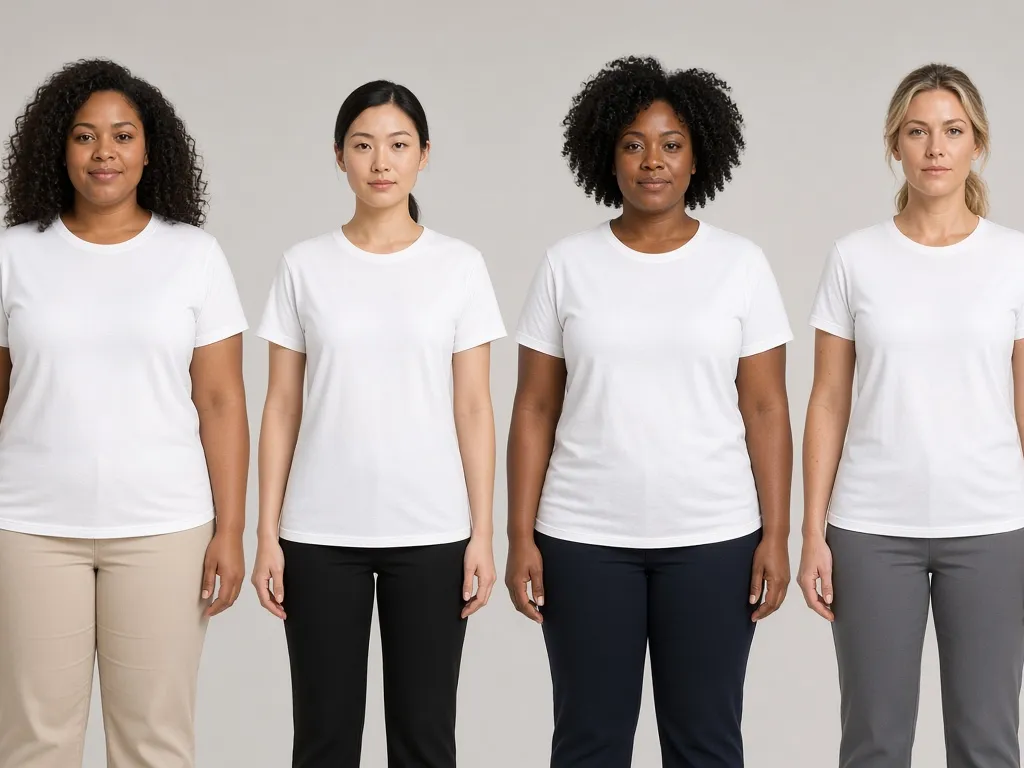 さまざまな体型のAIモデルが同じTシャツデザインを着たラインナップ