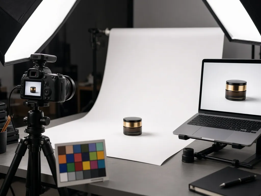 Atelier de photographie de produits : caméra, éclairage softbox, produit sur un sweep blanc