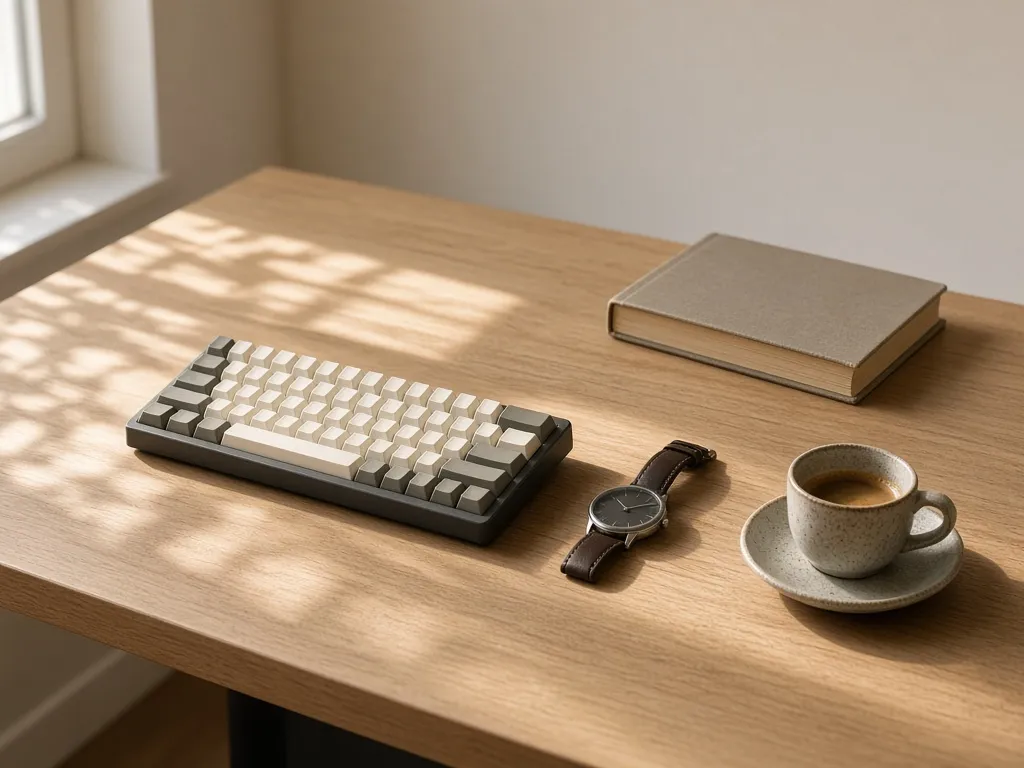 Scène de bureau stylisée avec accessoires tech, une histoire de lumière provenant d'une fenêtre