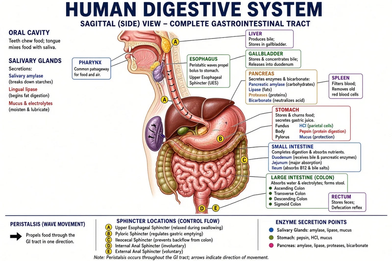 Labeled human digestive system showing GI tract and accessory organs