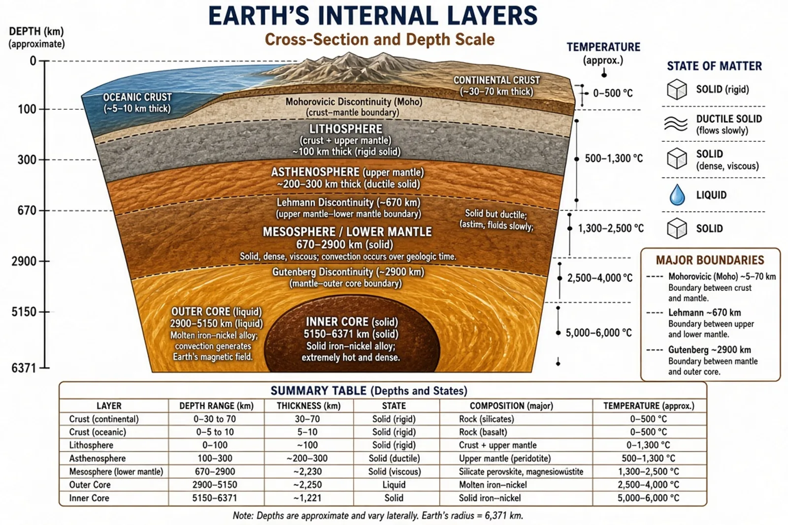 Earth layers cross-section showing crust, mantle, outer core, inner core
