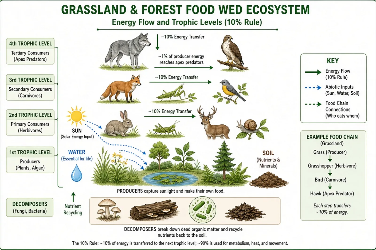 Ecosystem food web diagram showing trophic levels and energy flow