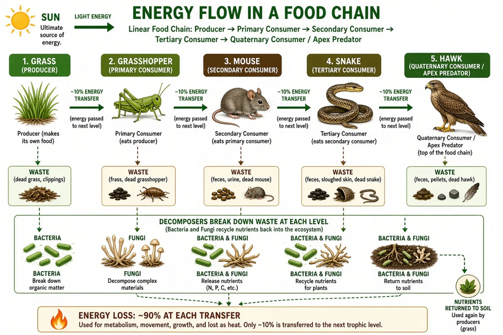 Food chain diagram showing energy transfer from producer to apex predator