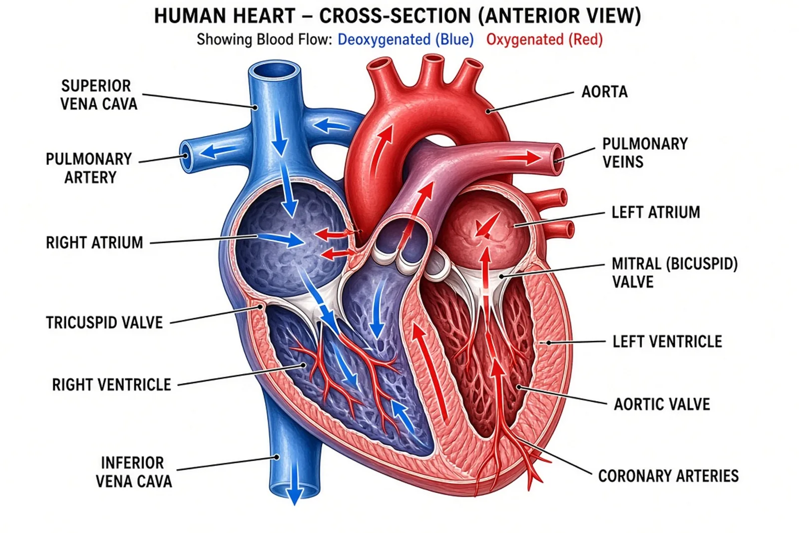 Labeled human heart diagram showing chambers, valves, and blood vessels