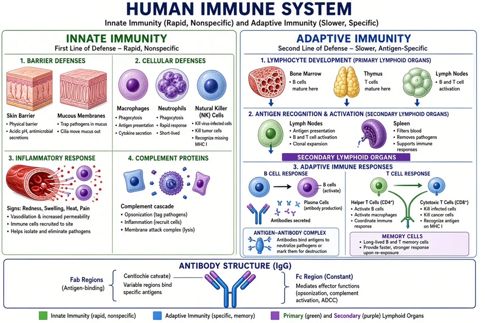 Immune system diagram showing innate and adaptive immunity with cells and organs