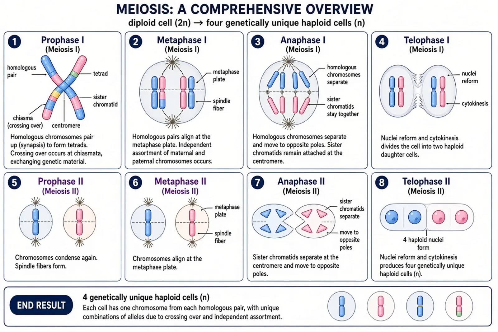 Meiosis diagram showing Meiosis I and II with crossing over and reduction division