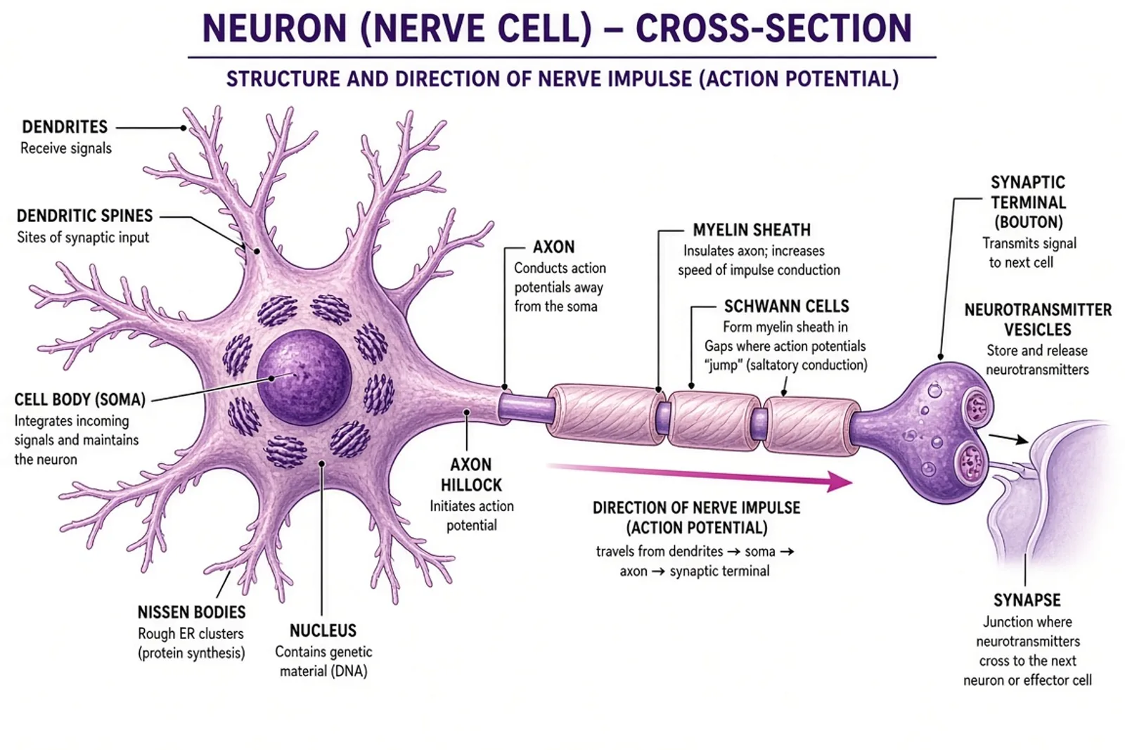 Labeled neuron diagram showing dendrites, axon, myelin sheath, synapse