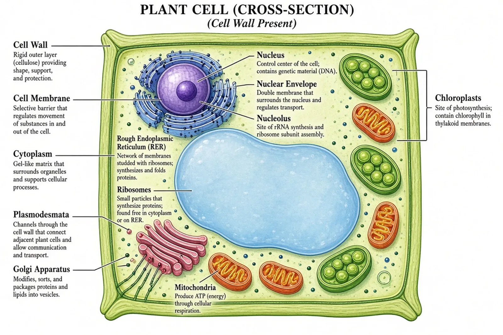 Labeled plant cell diagram showing cell wall, chloroplasts, vacuole