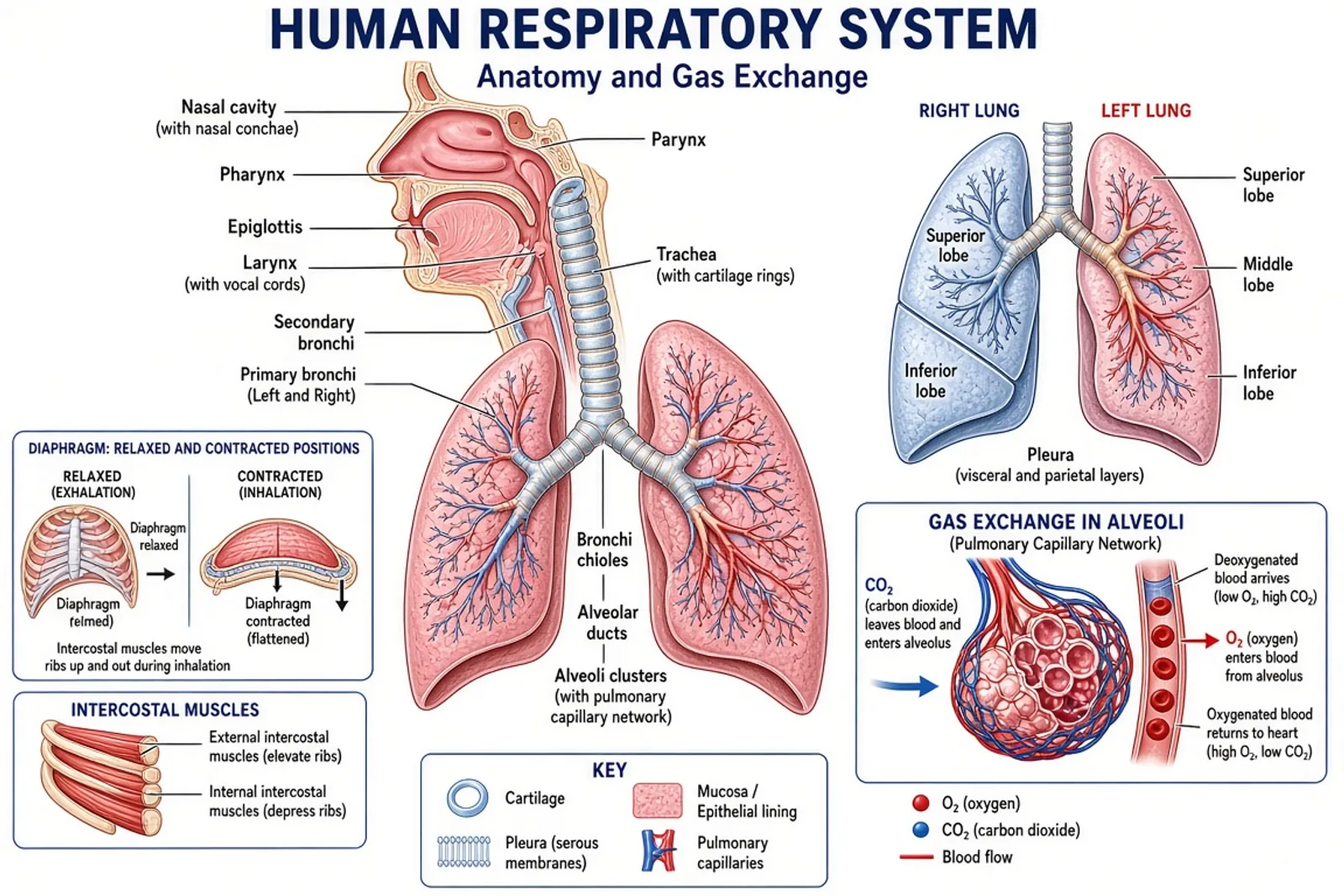 Labeled respiratory system showing airways, lungs, and alveoli gas exchange