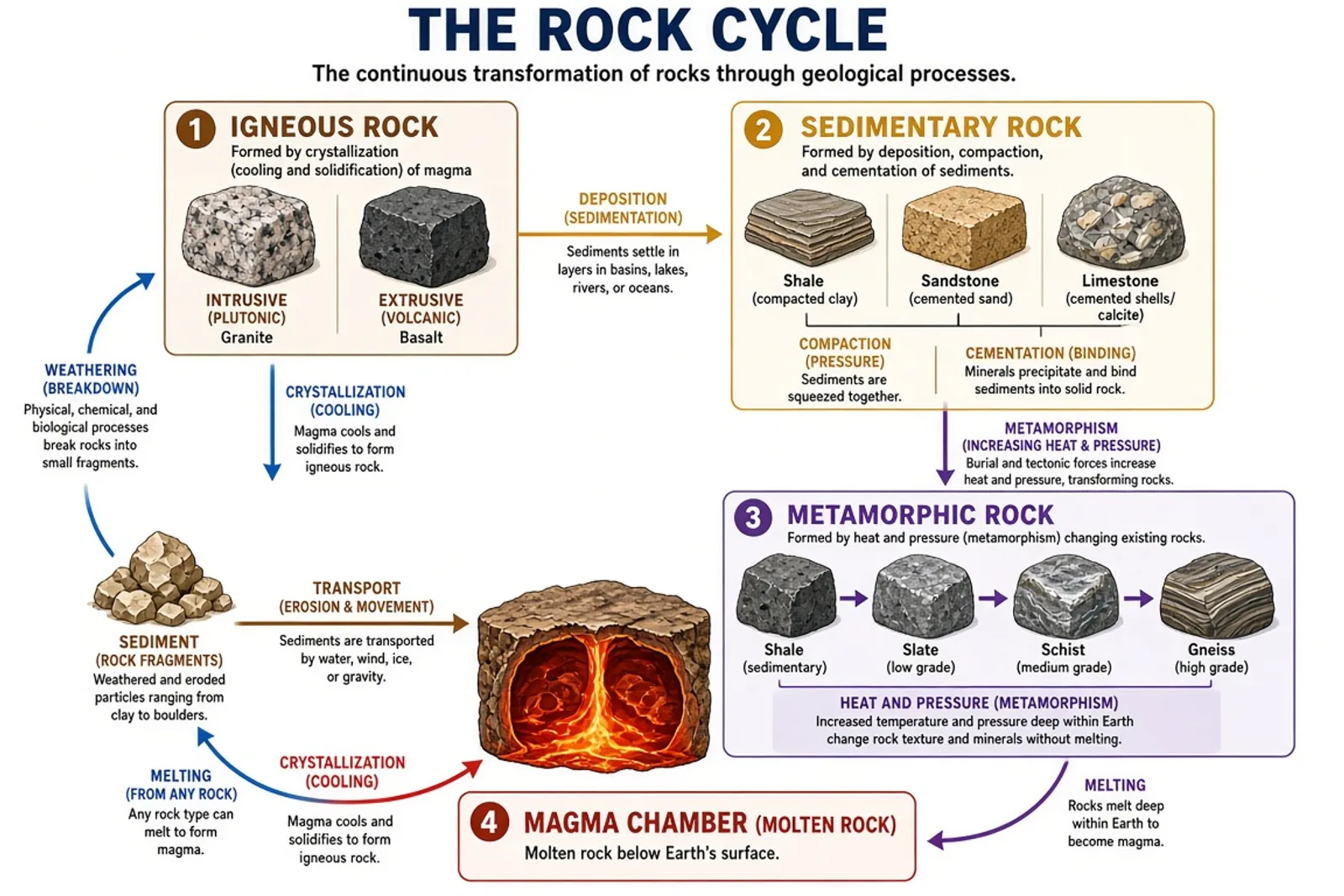 Rock cycle diagram showing igneous, sedimentary, and metamorphic rocks with transformation processes