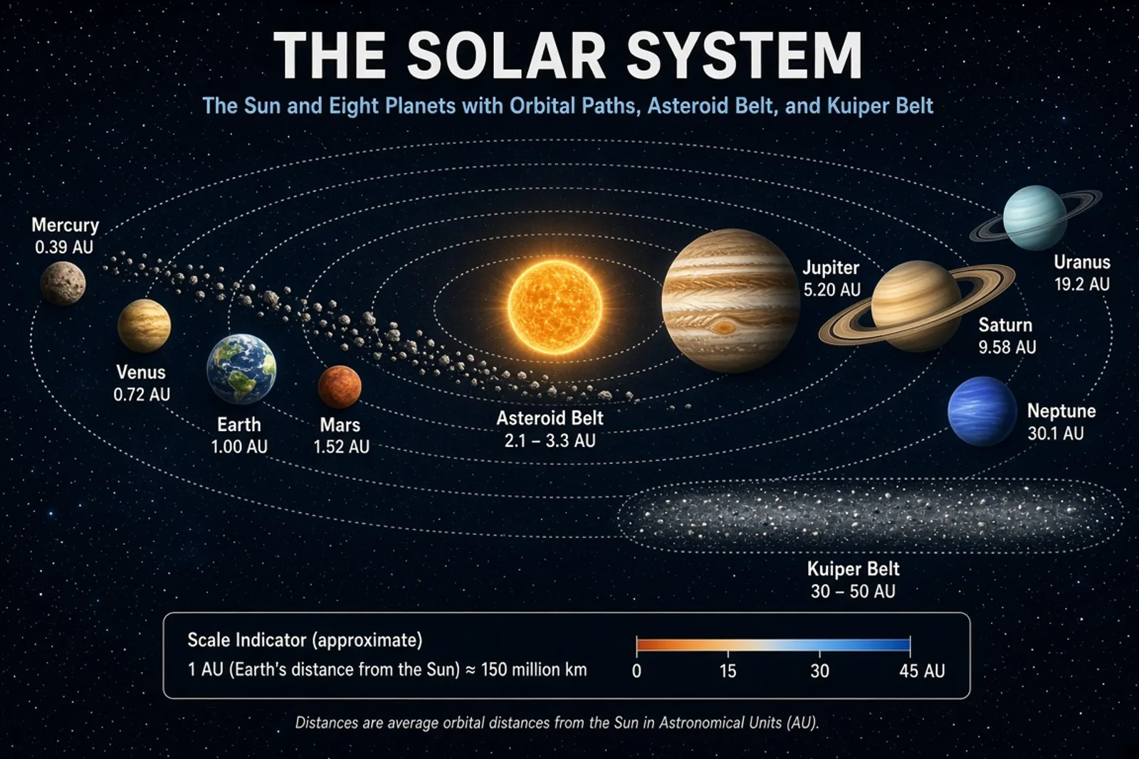 Solar system diagram showing all 8 planets with orbits