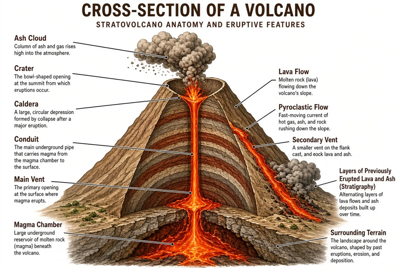 Labeled volcano cross-section showing internal and external features