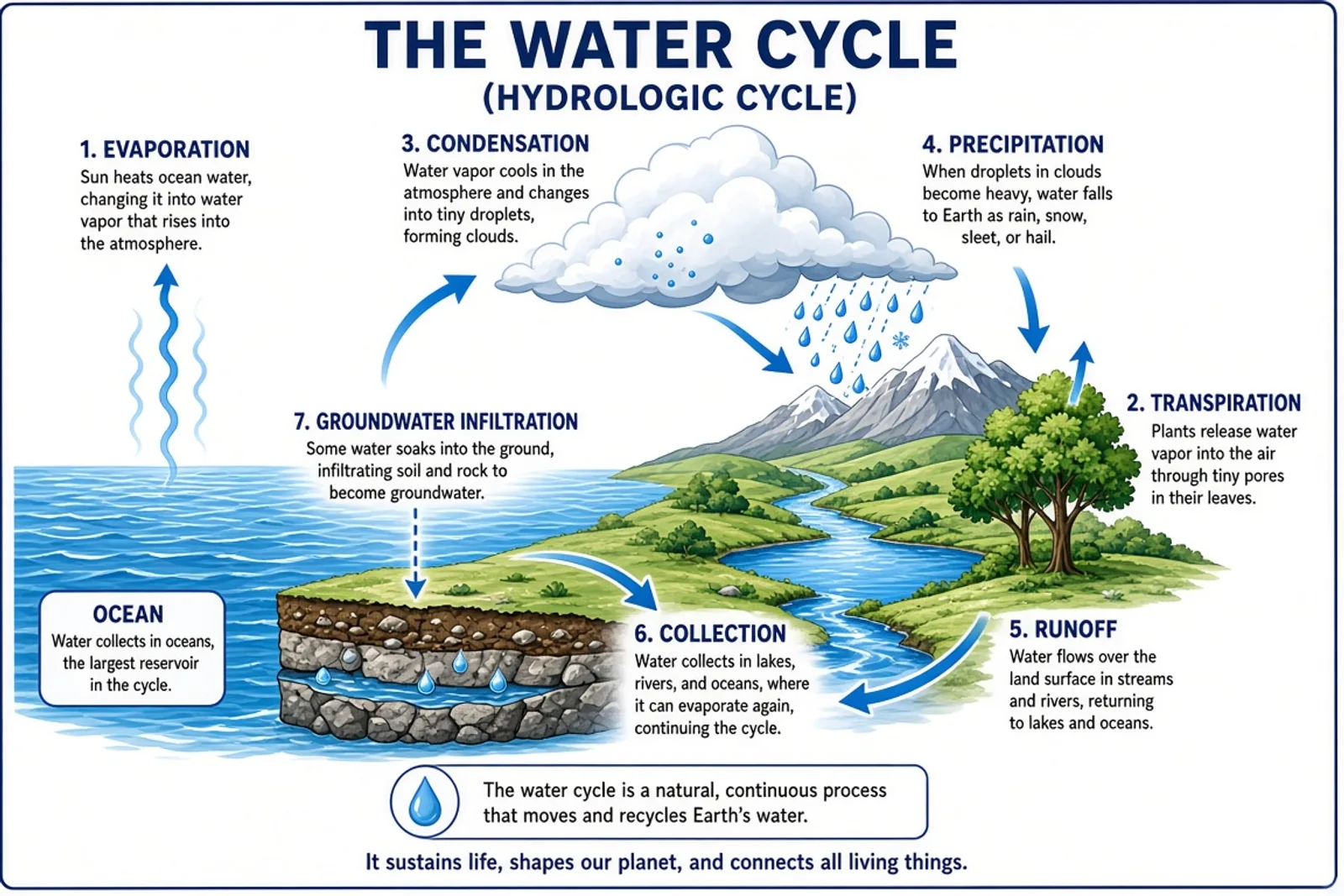 Labeled water cycle diagram showing evaporation, condensation, precipitation